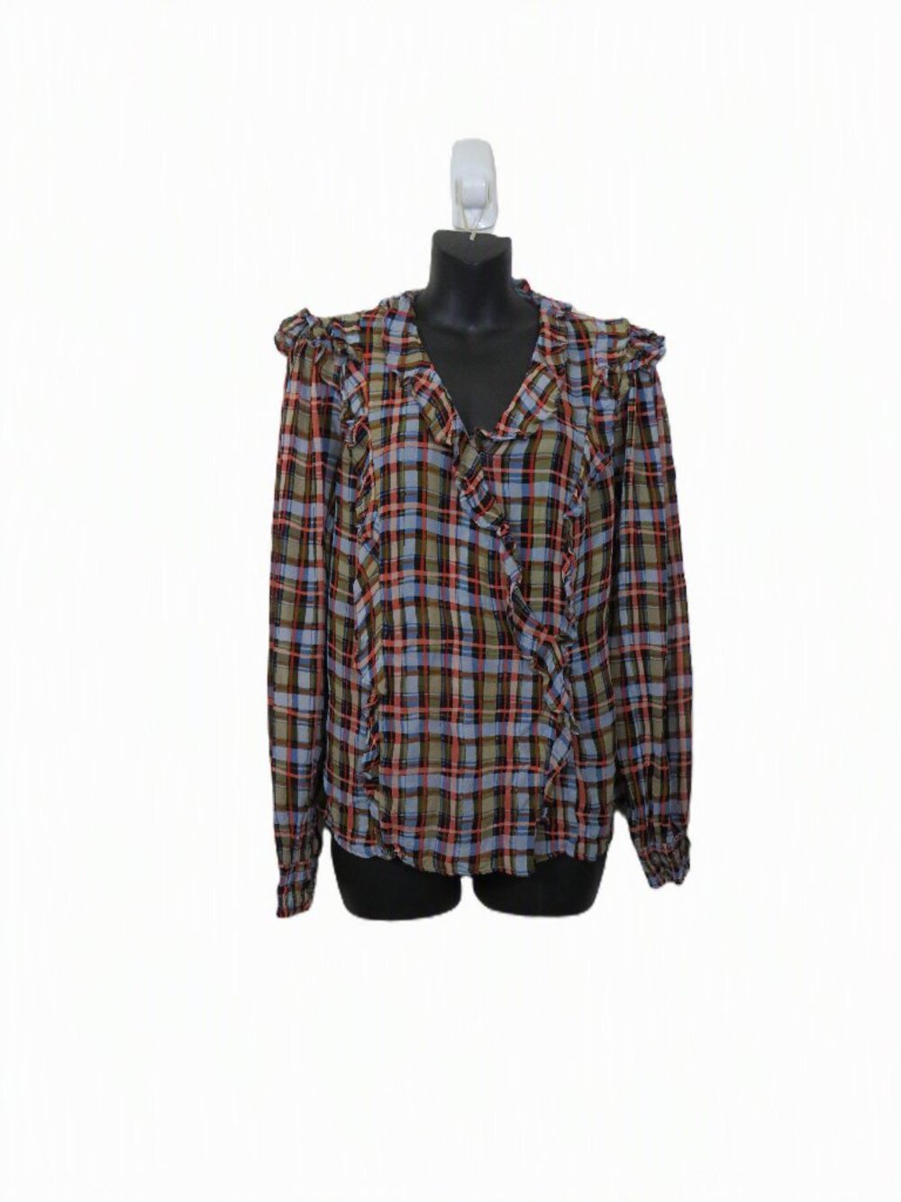 Anthropologie Size 14 Maeve Checkered Plaid Top Ruffle Detail Faux Wrap Multi